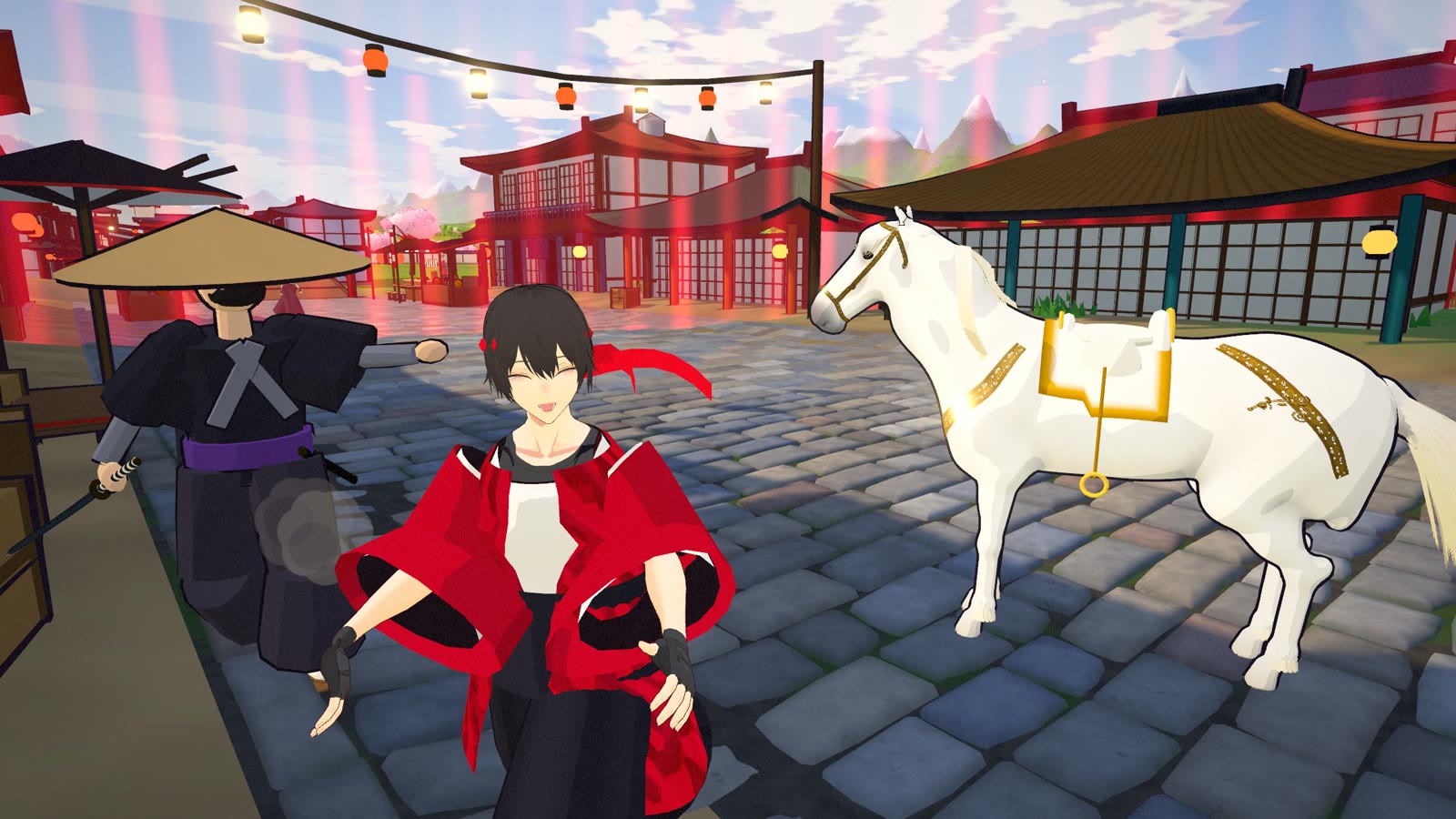 Герой-парень Samurai Run улыбается рядом с белым конём