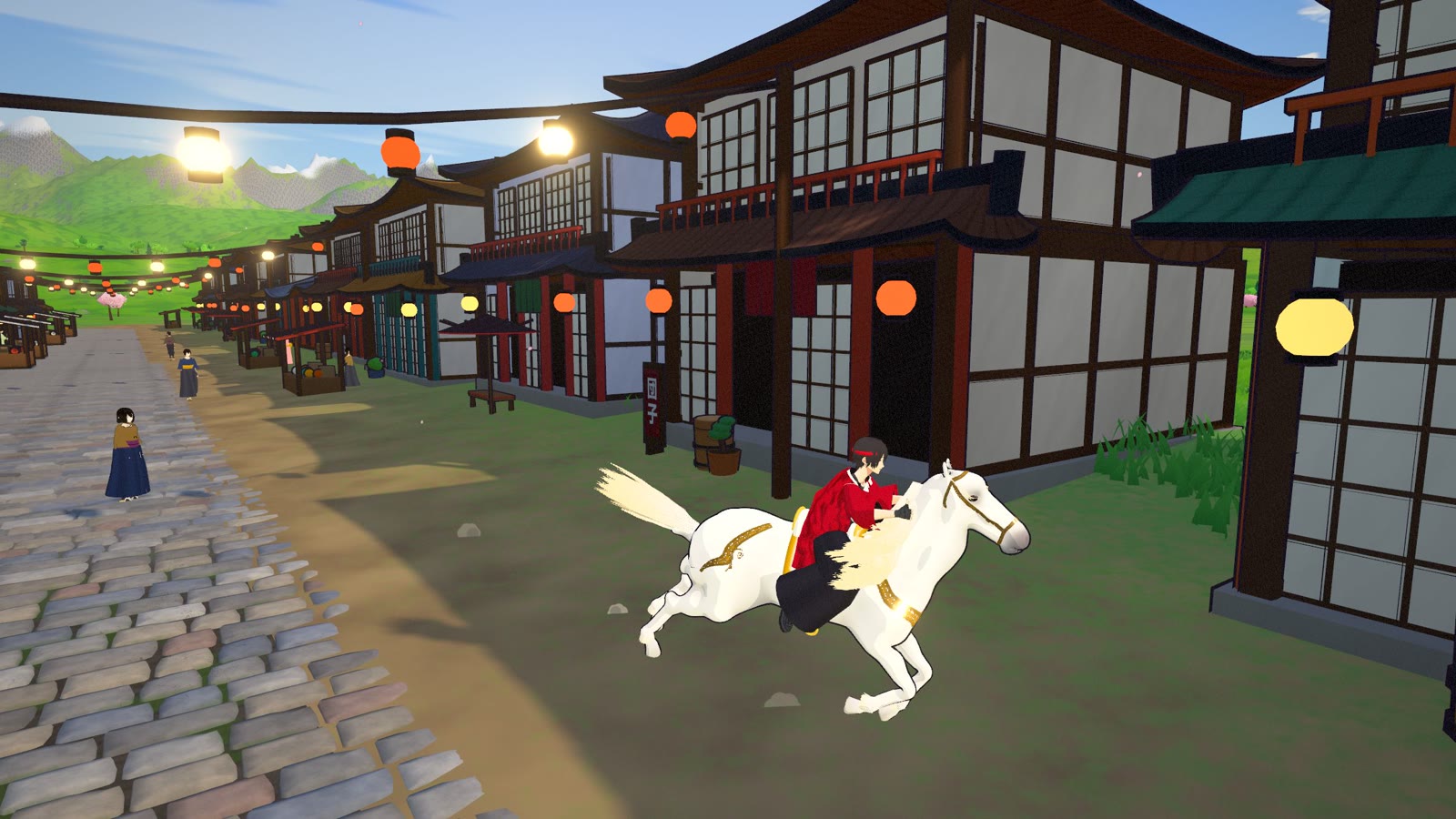 Samurai Run: героиня скачет на белом коне по улице деревни с фонарями